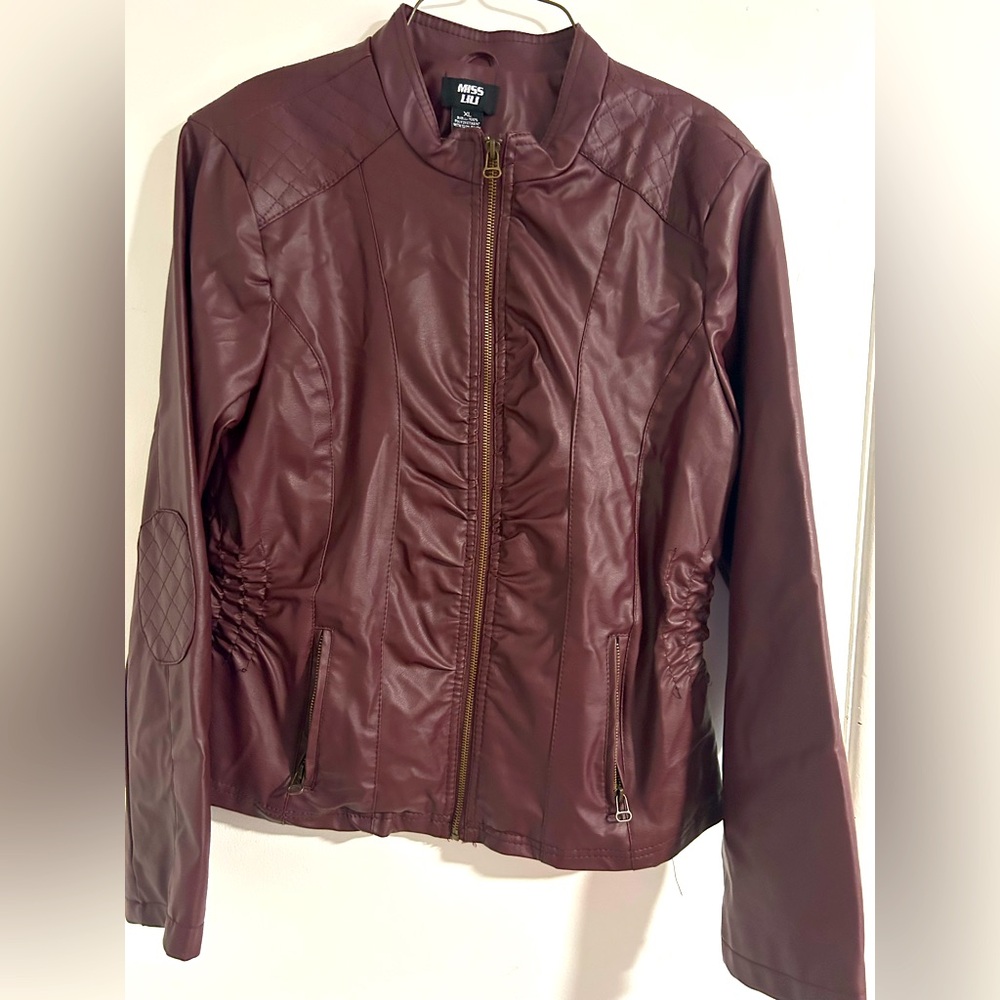 Miss Lili Brown Leather Jacket Fitted Mock Collar